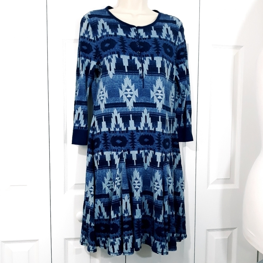 Lauren Jeans Co. Dress 3/4 Sleeve 100% Cotton Azteca Printed Blue Size M…